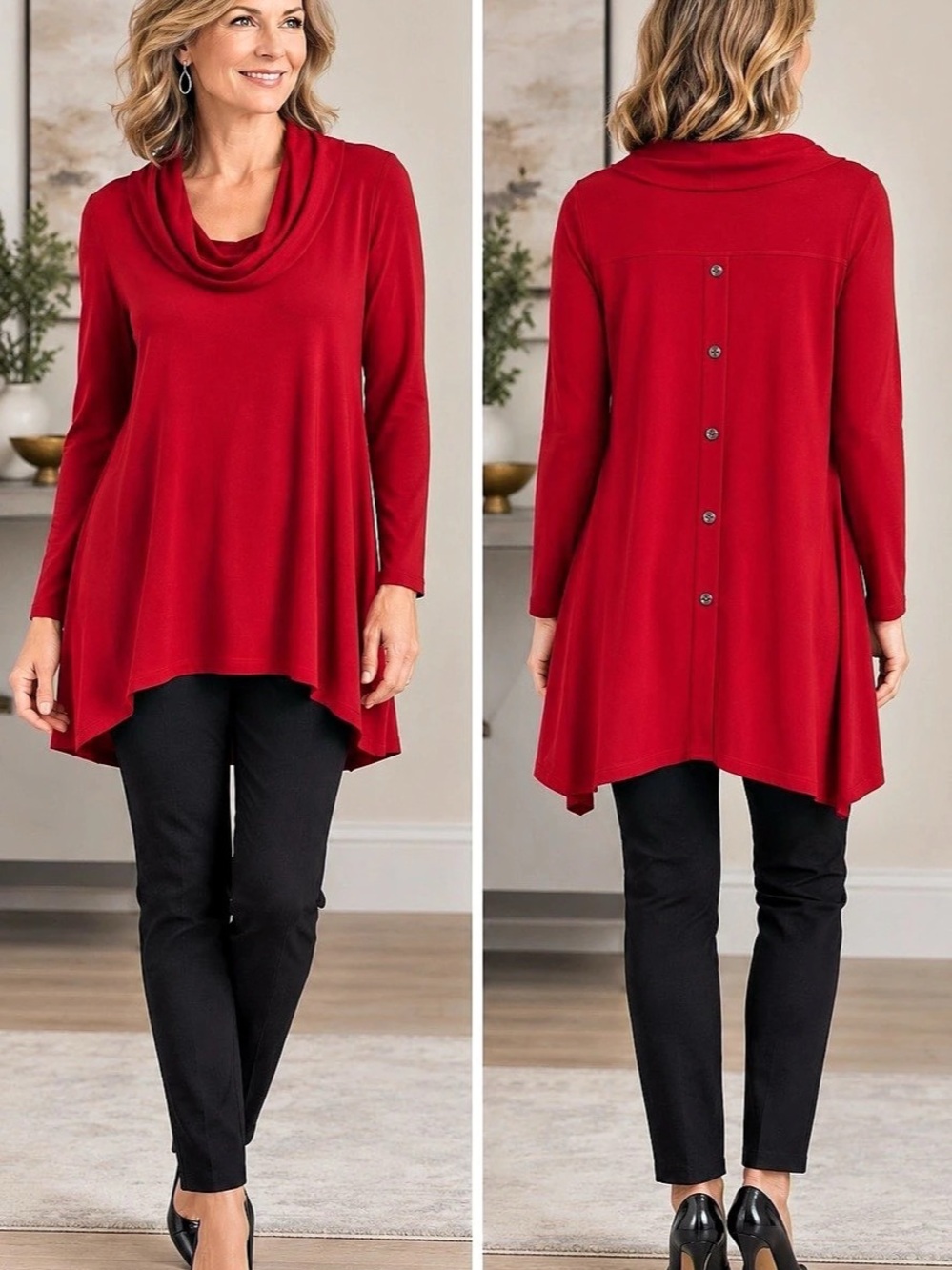 Compli K Cherry Ted Cowl Neck Button Back Tunic Red Size Small (fits large)